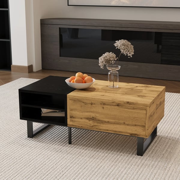 Monikäyttöinen sohvapöytä - Säilytyspöytä - Suorakulmainen - Lokeroita ja laatikoita - Metallijalat puujäljitelmä - 100×50×40 cm - Monivärinen