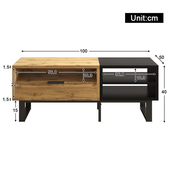 Monikäyttöinen sohvapöytä - Säilytyspöytä - Suorakulmainen - Lokeroita ja laatikoita - Metallijalat puujäljitelmä - 100×50×40 cm - Monivärinen