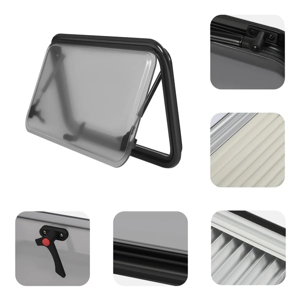 Autocamper vindue - 70×40 cm - 80–85° åbning - Ventilation & myggenet - Akrylglas, aluminium - Klemmontering