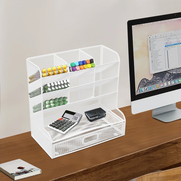 Skrivebordsorganizer - Penholder - 9 Rum - Rektangulær - Jern - Pulverlakeret - Bordmodel - Hvid