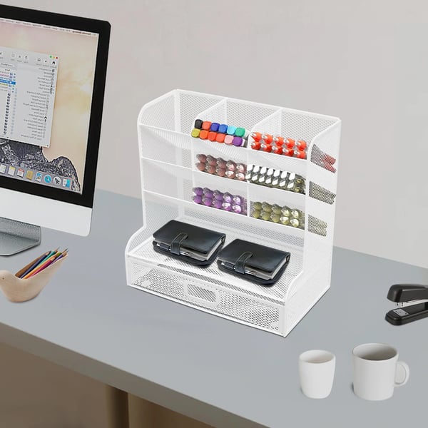 Skrivebordsorganizer - Penholder - 9 Rum - Rektangulær - Jern - Pulverlakeret - Bordmodel - Hvid