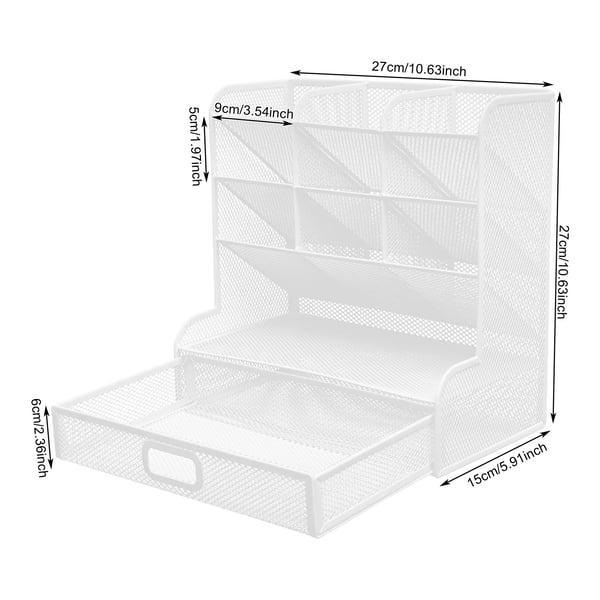 Skrivebordsorganizer - Penholder - 9 Rum - Rektangulær - Jern - Pulverlakeret - Bordmodel - Hvid