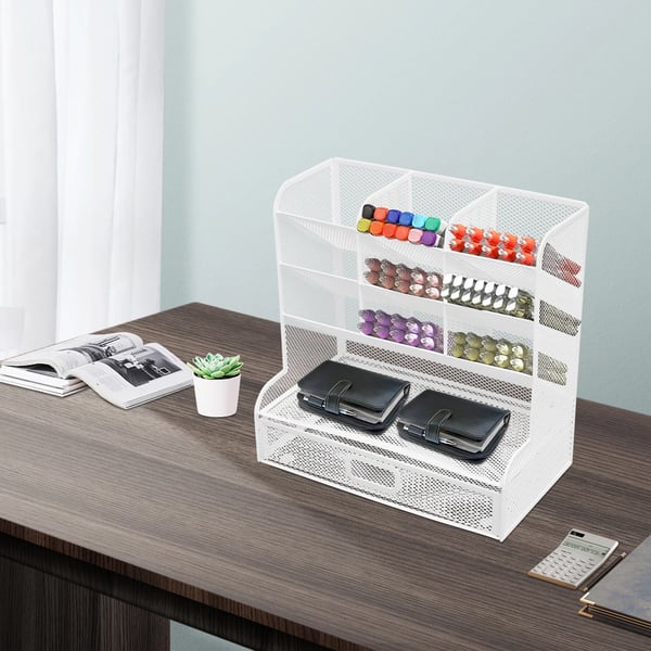 Skrivebordsorganizer - Penholder - 9 Rum - Rektangulær - Jern - Pulverlakeret - Bordmodel - Hvid