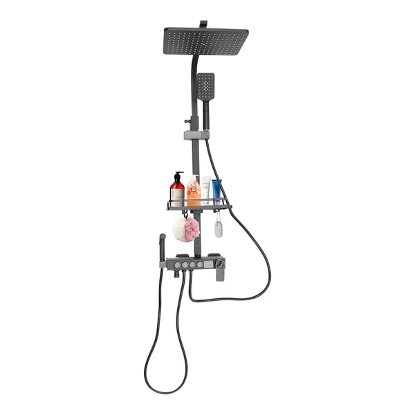 Brusesystem - Termostat, regnbruser & bidet-håndbruser - Konstant temperatur 40°C - Justerbar højde 85–120 cm - Slange 1,5 m - Stål/keramik - Sort
