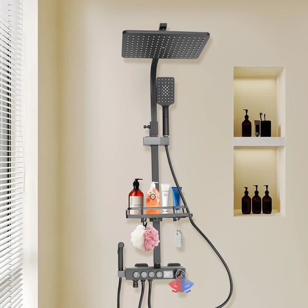 Brusesystem - Termostat, regnbruser & bidet-håndbruser - Konstant temperatur 40°C - Justerbar højde 85–120 cm - Slange 1,5 m - Stål/keramik - Sort