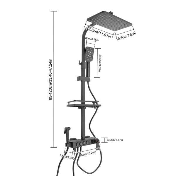 Brusesystem - Termostat, regnbruser & bidet-håndbruser - Konstant temperatur 40°C - Justerbar højde 85–120 cm - Slange 1,5 m - Stål/keramik - Sort