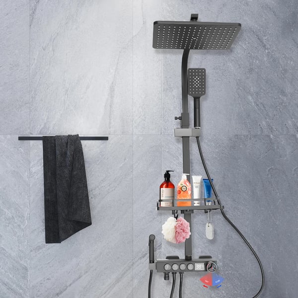 Brusesystem - Termostat, regnbruser & bidet-håndbruser - Konstant temperatur 40°C - Justerbar højde 85–120 cm - Slange 1,5 m - Stål/keramik - Sort