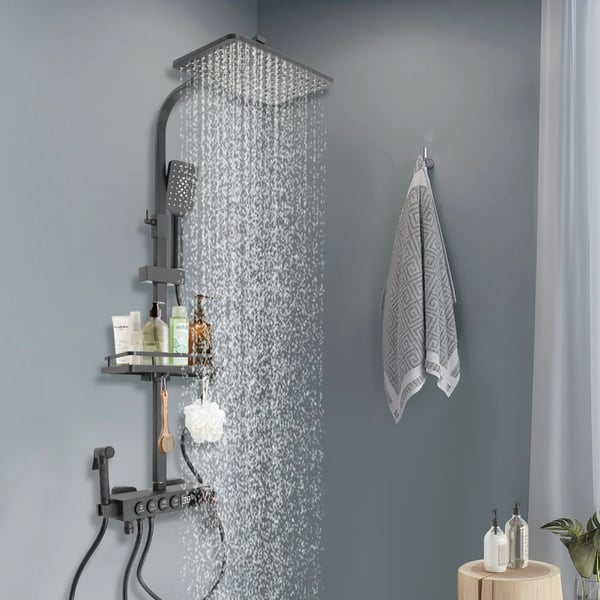 Brusesystem - Termostat, regnbruser & bidet-håndbruser - Konstant temperatur 40°C - Justerbar højde 85–120 cm - Slange 1,5 m - Stål/keramik - Sort
