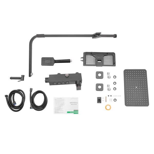 Brusesystem - Termostat, regnbruser & bidet-håndbruser - Konstant temperatur 40°C - Justerbar højde 85–120 cm - Slange 1,5 m - Stål/keramik - Sort