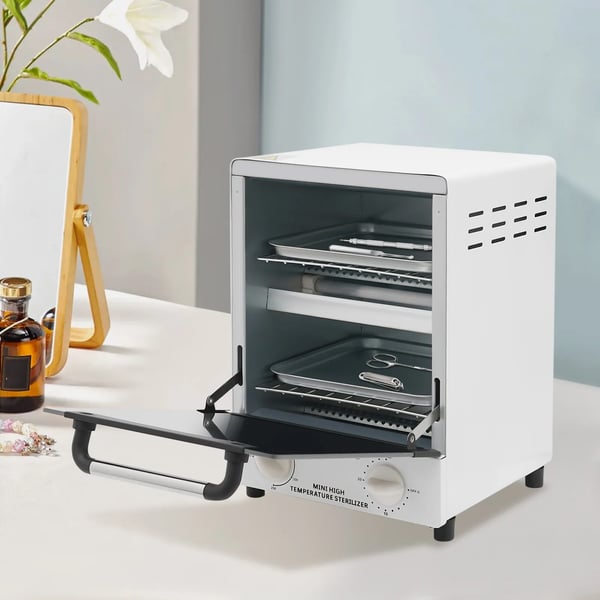 Kynsityökalujen sterilointilaite - Desinfiointikaappi - 12 l - 1000 W - 0–250 °C - 3 infrapunakvartsiputkea - 110–220 V - EU‑pistoke - Valkoinen