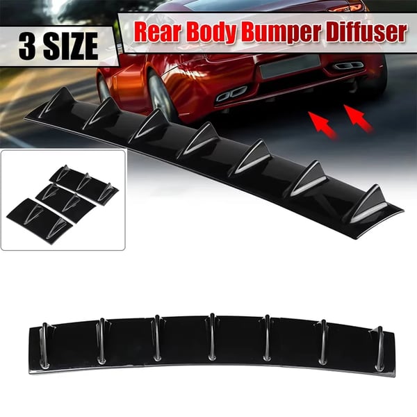 Universal bagkofanger diffuser - 3-delt spoiler/lip - Universal pasform - Hajfin-design med 7 finner - Nedre body-lip - Blank sort