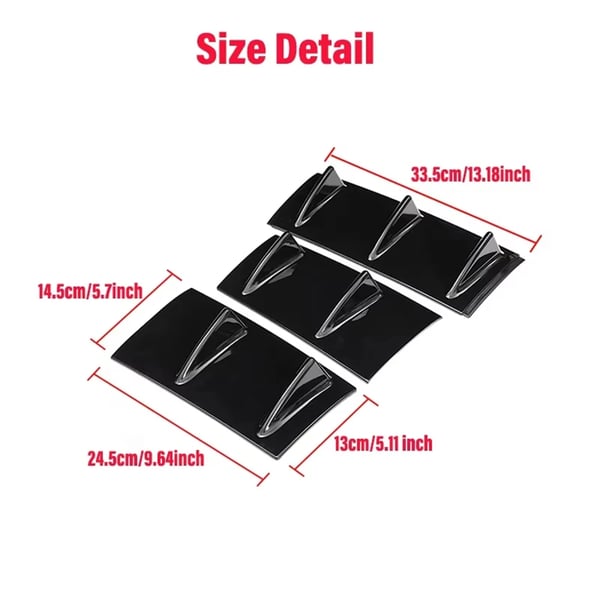 Universal bagkofanger diffuser - 3-delt spoiler/lip - Universal pasform - Hajfin-design med 7 finner - Nedre body-lip - Blank sort