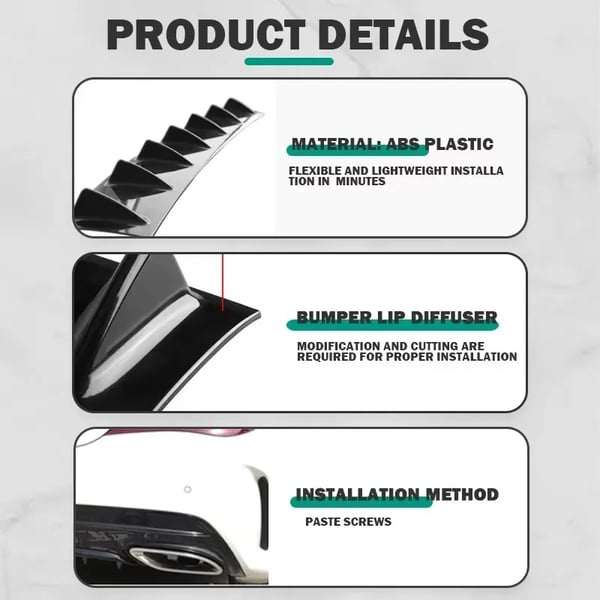 Universal bagkofanger diffuser - 3-delt spoiler/lip - Universal pasform - Hajfin-design med 7 finner - Nedre body-lip - Blank sort
