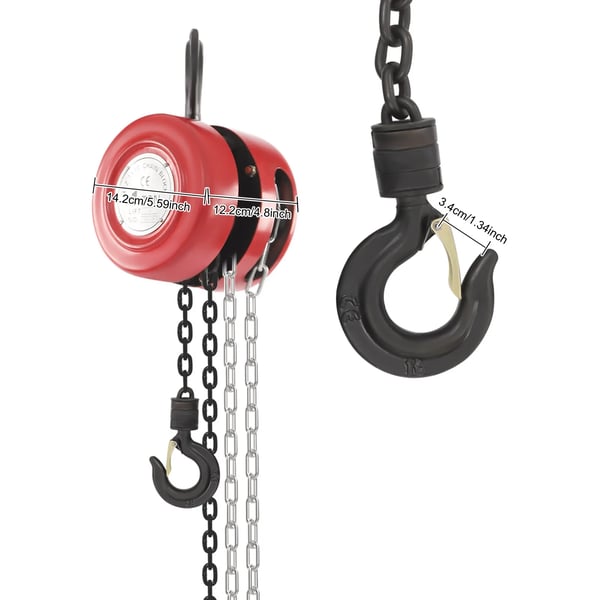Kättingtalja / kedjeblock - Manuell - 1 ton - Lyfthöjd 3 m - Kroksöppning 3,4 cm - Mangan- och legerat stål - Kompakt 14,2×12,2 cm - Röd