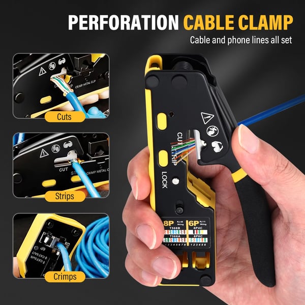Netværkskrimpeværktøj - Ethernet crimptang - RJ45/RJ11 Pass-Through - Crimpe/Klippe/Afisolere - CAT5e/CAT6 UTP/STP - Til LAN & Telefon - Gul