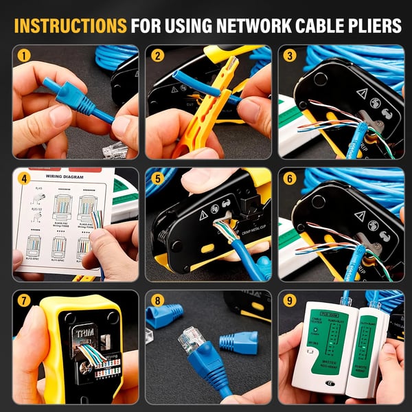 Netværkskrimpeværktøj - Ethernet crimptang - RJ45/RJ11 Pass-Through - Crimpe/Klippe/Afisolere - CAT5e/CAT6 UTP/STP - Til LAN & Telefon - Gul