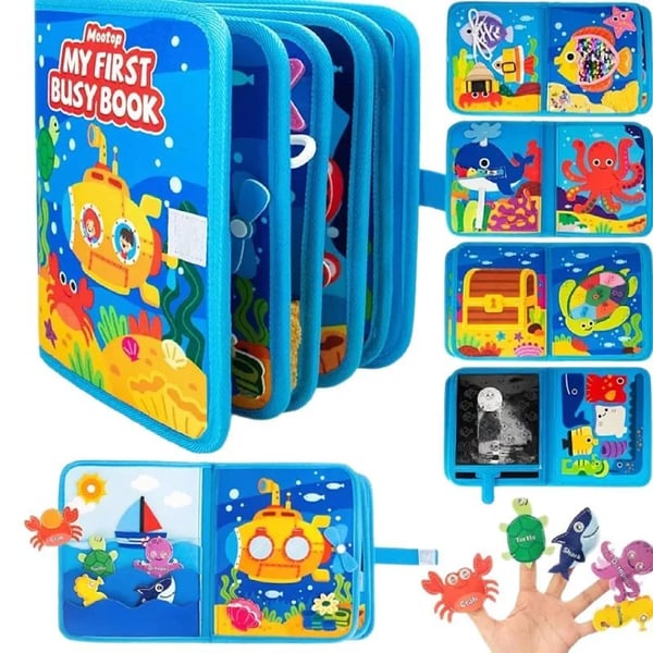 Montessori Puuhataulu - 10-in-1 Hiljainen Kirja - 3D Meren Teema - Varhainen Oppiminen - CE-hyväksytty - 0–3 vuotta - Sininen
