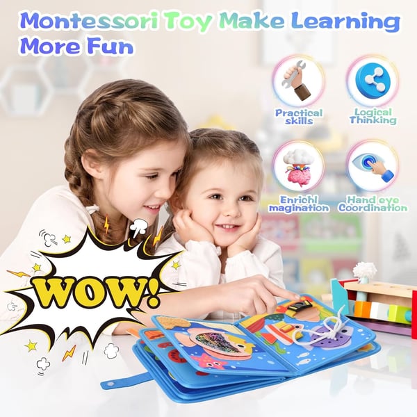 Montessori Puuhataulu - 10-in-1 Hiljainen Kirja - 3D Meren Teema - Varhainen Oppiminen - CE-hyväksytty - 0–3 vuotta - Sininen