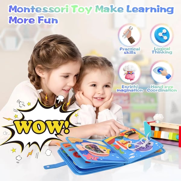 Montessori Puuhataulu - 10-in-1 Hiljainen Kirja - 3D Meren Teema - Varhainen Oppiminen - CE-hyväksytty - 0–3 vuotta - Sininen