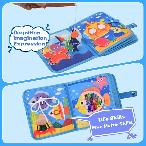 Montessori Puuhataulu - 10-in-1 Hiljainen Kirja - 3D Meren Teema - Varhainen Oppiminen - CE-hyväksytty - 0–3 vuotta - Sininen