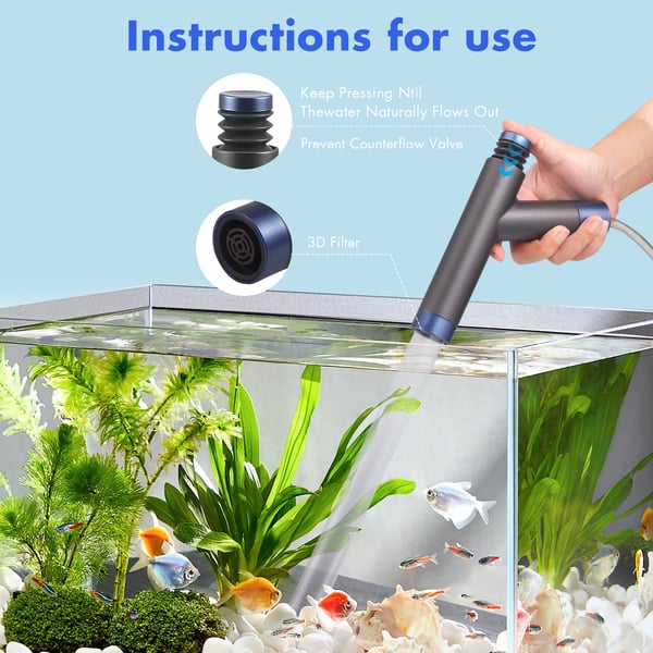 Akvarium Vandbytter - Håndpumpe Sifon - Grusstøvsuger - 2 m Slange - Plast - Batterifri - Sort