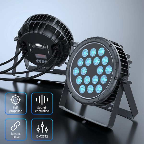 LED PAR - Litteä PAR-valo - 180W, 18x10W RGBW 4-in-1, DMX512/RDM, 4/8 kanavaa, Auto/Ääni/Master-Slave - Lämmin valo