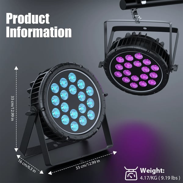 LED PAR - Litteä PAR-valo - 180W, 18x10W RGBW 4-in-1, DMX512/RDM, 4/8 kanavaa, Auto/Ääni/Master-Slave - Lämmin valo