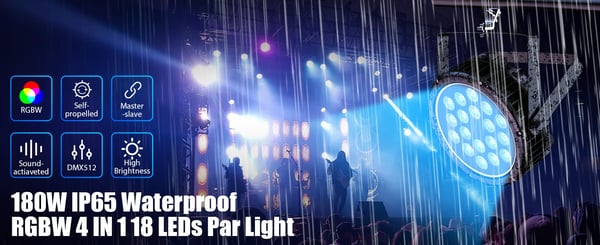 LED PAR - Litteä PAR-valo - 180W, 18x10W RGBW 4-in-1, DMX512/RDM, 4/8 kanavaa, Auto/Ääni/Master-Slave - Lämmin valo