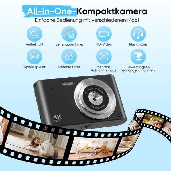 Digikamera - Kompakti vlogikamera - 4K-video - 0,635 cm kenno - Harrastajille ja ammattilaisille - Musta