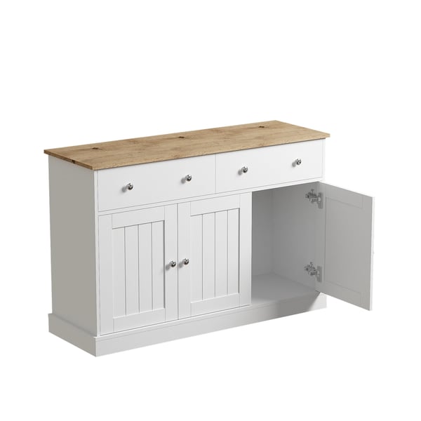 Skænk/Sideboard - Skab Til Stuen - 3 Døre & 2 Skuffer - Push-to-Open - Graveret Struktur - Spånplade - Mål 120x36x80,5 cm - Hvid