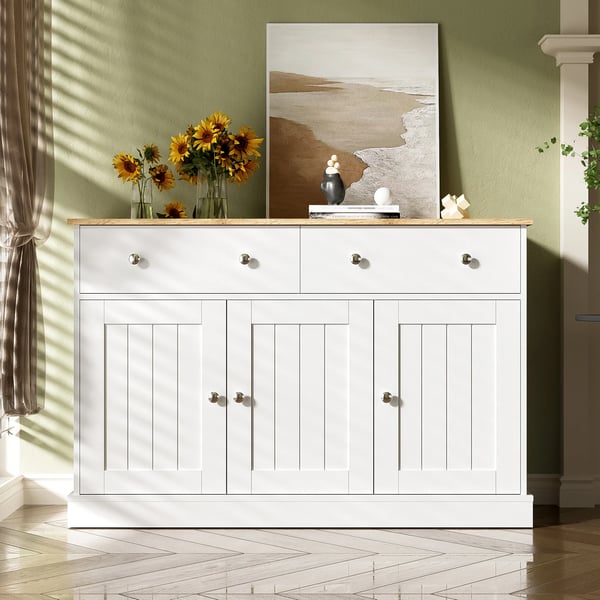 Skænk/Sideboard - Skab Til Stuen - 3 Døre & 2 Skuffer - Push-to-Open - Graveret Struktur - Spånplade - Mål 120x36x80,5 cm - Hvid