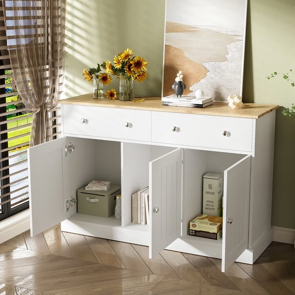 Skænk/Sideboard - Skab Til Stuen - 3 Døre & 2 Skuffer - Push-to-Open - Graveret Struktur - Spånplade - Mål 120x36x80,5 cm - Hvid