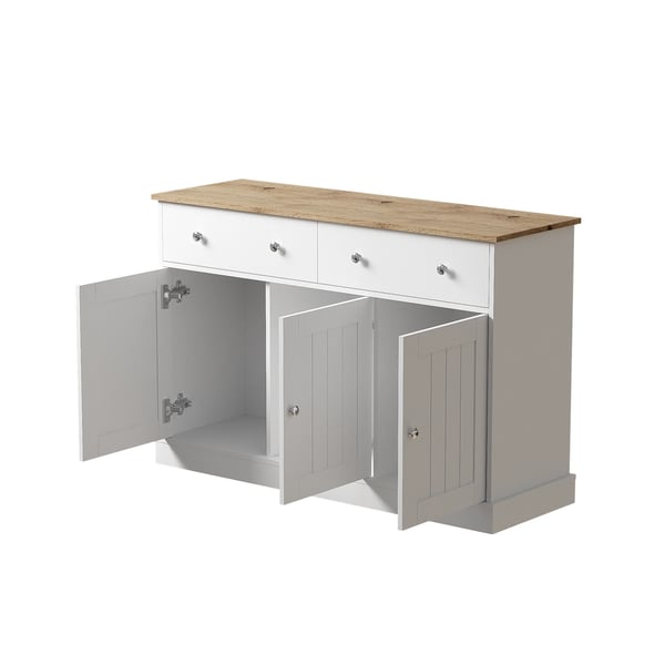 Skænk/Sideboard - Skab Til Stuen - 3 Døre & 2 Skuffer - Push-to-Open - Graveret Struktur - Spånplade - Mål 120x36x80,5 cm - Hvid
