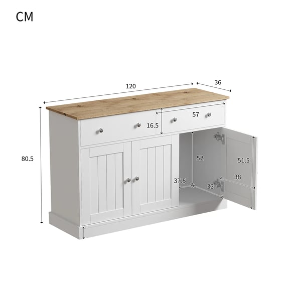 Skænk/Sideboard - Skab Til Stuen - 3 Døre & 2 Skuffer - Push-to-Open - Graveret Struktur - Spånplade - Mål 120x36x80,5 cm - Hvid