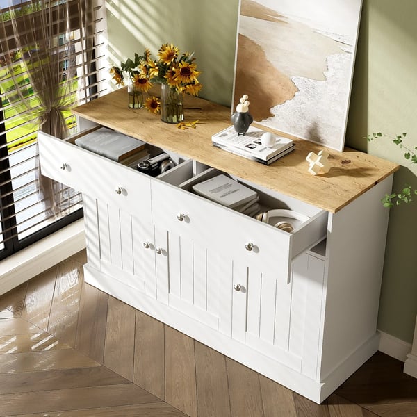 Skænk/Sideboard - Skab Til Stuen - 3 Døre & 2 Skuffer - Push-to-Open - Graveret Struktur - Spånplade - Mål 120x36x80,5 cm - Hvid