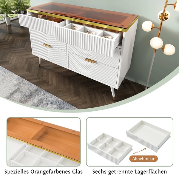 Skænk - Sideboard - Med 6 Skuffer - Glas + Spånplade - Stor Opbevaring - Ruminddeling - Mål 120 x 40 x 76 cm - Moderne Minimalistisk - Hvid