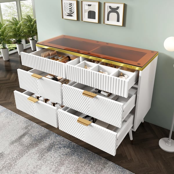 Skænk - Sideboard - Med 6 Skuffer - Glas + Spånplade - Stor Opbevaring - Ruminddeling - Mål 120 x 40 x 76 cm - Moderne Minimalistisk - Hvid