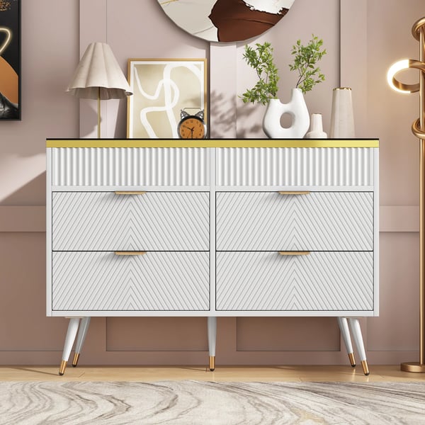 Skænk - Sideboard - Med 6 Skuffer - Glas + Spånplade - Stor Opbevaring - Ruminddeling - Mål 120 x 40 x 76 cm - Moderne Minimalistisk - Hvid
