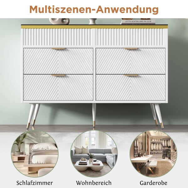Skænk - Sideboard - Med 6 Skuffer - Glas + Spånplade - Stor Opbevaring - Ruminddeling - Mål 120 x 40 x 76 cm - Moderne Minimalistisk - Hvid