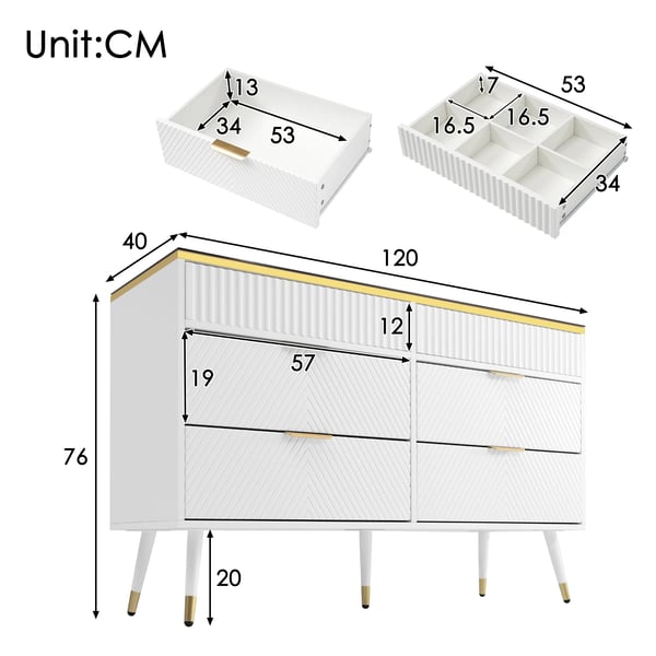 Skænk - Sideboard - Med 6 Skuffer - Glas + Spånplade - Stor Opbevaring - Ruminddeling - Mål 120 x 40 x 76 cm - Moderne Minimalistisk - Hvid