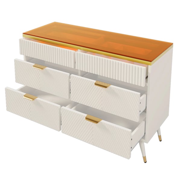 Skænk - Sideboard - Med 6 Skuffer - Glas + Spånplade - Stor Opbevaring - Ruminddeling - Mål 120 x 40 x 76 cm - Moderne Minimalistisk - Hvid