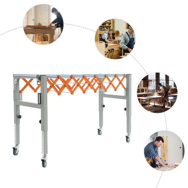 Justerbart rullebanebord med hjul - Udtrækkelig rulletransportør - Længde 46–130 cm - Højde 50–80 cm - Bredde 44 cm - Kapacitet ca. 50 kg - Jern
