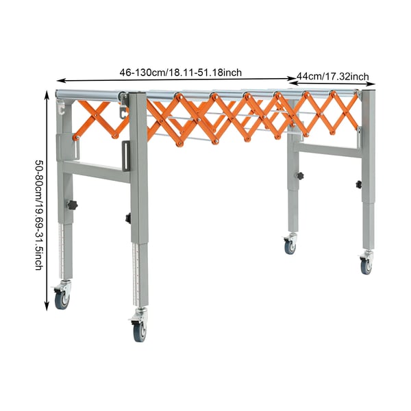Justerbart rullebanebord med hjul - Udtrækkelig rulletransportør - Længde 46–130 cm - Højde 50–80 cm - Bredde 44 cm - Kapacitet ca. 50 kg - Jern