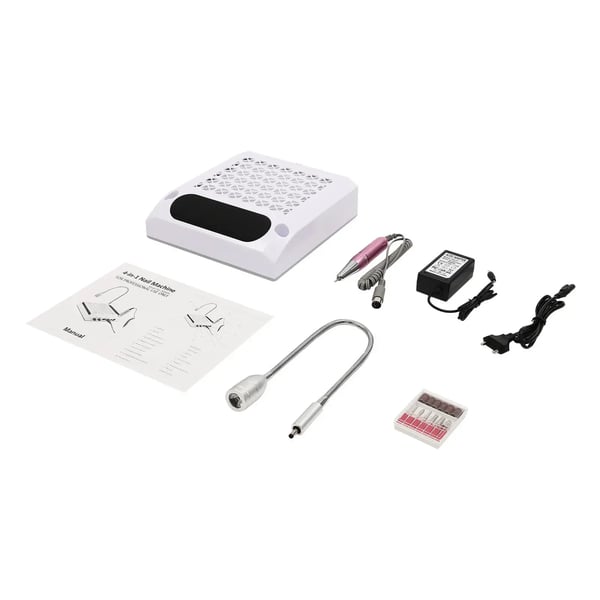 Neglestøvsuger / Neglestøvopsamler - Bordmodel til manicure - Med filter - LED-lys - 6 slibebits - 0–80 W - 4300 o/min - 100–240 V - Hvid