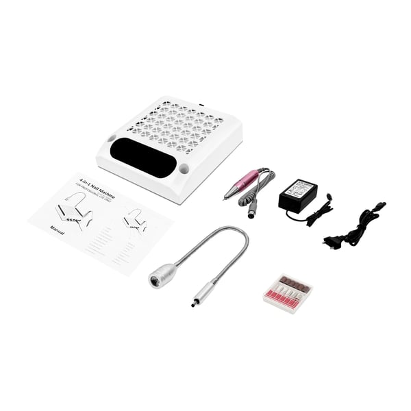 Manicuremaskine 4-i-1 - Elektrisk neglefræser og fil - Pedicure - Neglestøvsuger - LED-lys - 23×23×7 cm - Hvid
