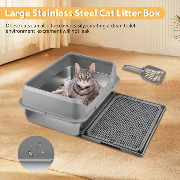 Teräksinen kissanhiekkalaatikko - M-koko - Korkea reuna - Puoliavoin - 50×35×23 cm - Roiskesuojakansi - Mukana matto, lapio, harja - Harmaa