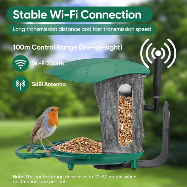 Smart fuglefoderautomat - Med kamera - 3MP HD - IP65 Vandtæt - WiFi-forbindelse - Plast - Siddepinde - Lysegrøn