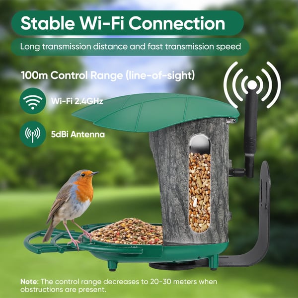 Smart fuglefoderautomat - Med kamera - 3MP HD - IP65 Vandtæt - WiFi-forbindelse - Plast - Siddepinde - Lysegrøn