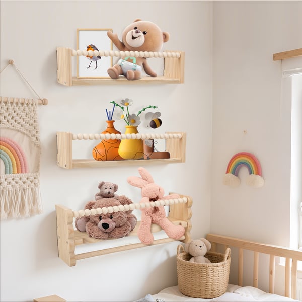 Børneboghylde - Væghylde i træ - 3-Pak - 40 cm - Flydende - Montessori Stil - Til Bøger Og Legetøj - Dyb Lilla