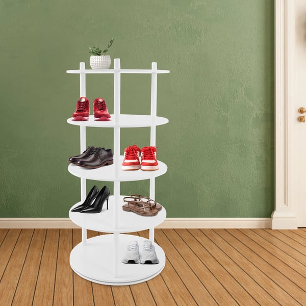 Kenkäteline - Pyörivä pyöreä kenkähylly - 4 tasoa - Ø 55 cm x K 109 cm - PVC - Enintään 50 kg - Valkoinen